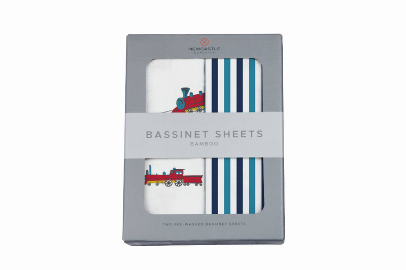 Bassinet sheet set packaging, Newcastle bamboo; train print with blue striped sheets