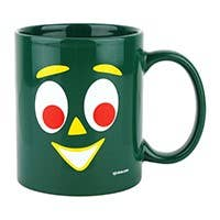Green ceramic mug with cartoon face print and side handle