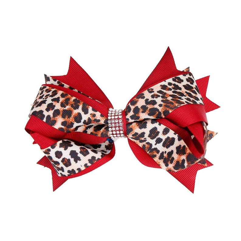 Red leopard print hair bow with rhinestone center and layered ribbon loops
