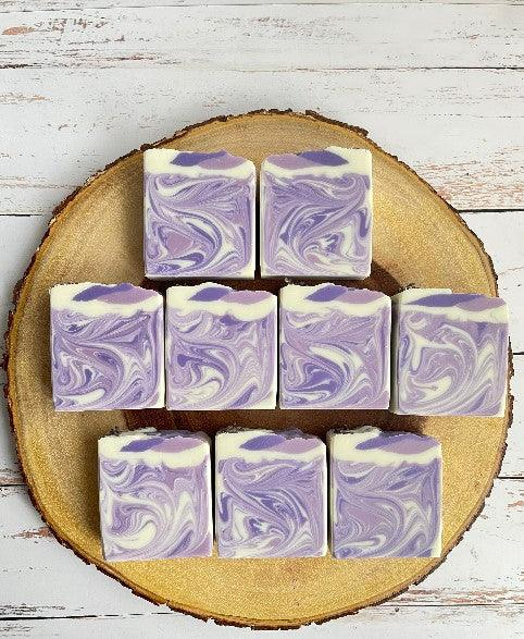 Lavender swirl soap bars with purple and white marbled swirls