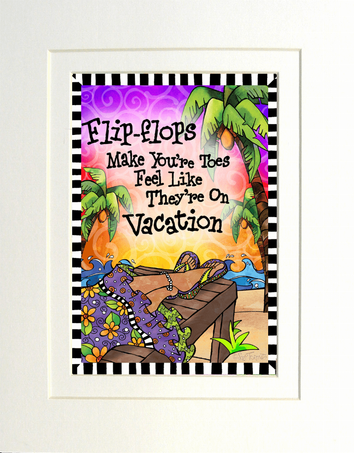 Framed flip-flop artwork with colorful tropical beach scene illustration