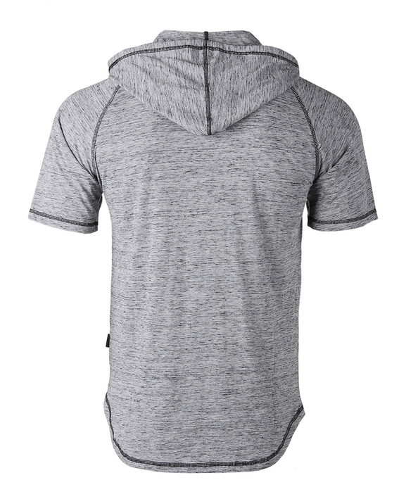 Men's heather-gray short-sleeve raglan hoodie with hood, curved hem, back view