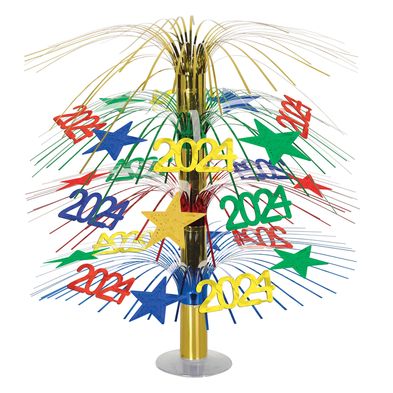 2024 icon cascades centerpiece with multicolor foil streamers and stars on gold base