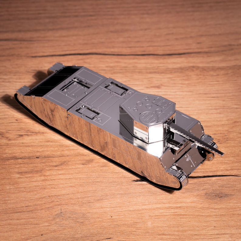 Metal tank model top view with turret, hatches, and detailed hull