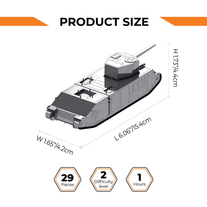 Tank model size diagram with height/length measurements and pieces icons