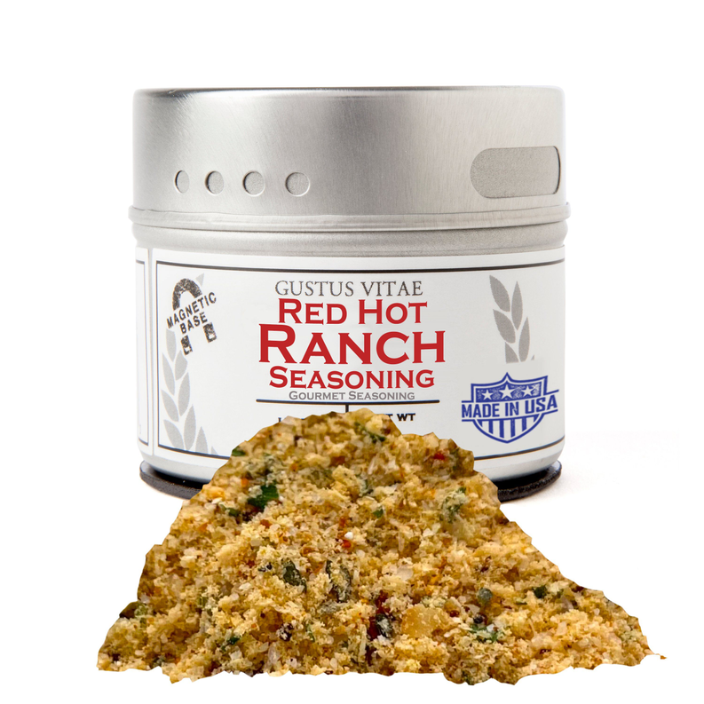 Red hot ranch seasoning jar with brownish seasoning flakes