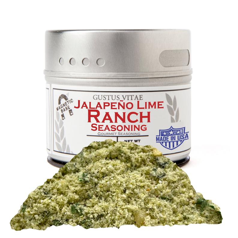 Jalapeño lime ranch seasoning jar with green seasoning spill