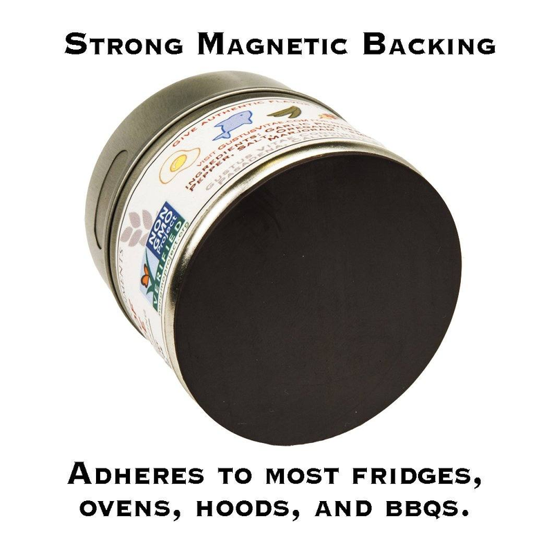 Ranch seasoning container with strong magnetic backing and dark base