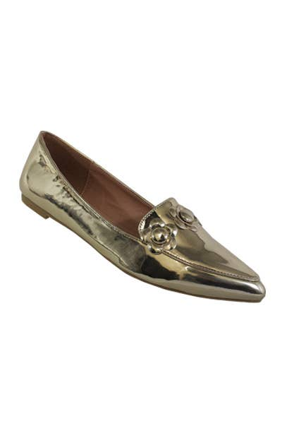 Women's gold metallic flat loafer with pointed toe and flower detail