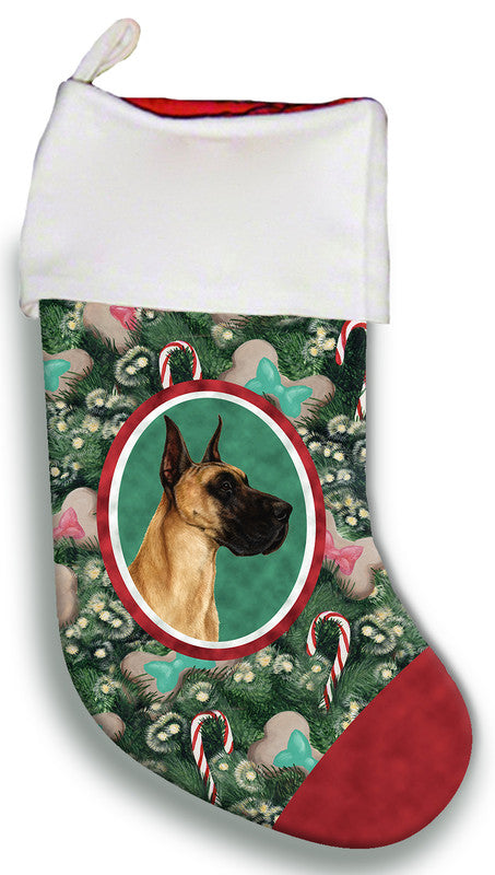 Fawn Great Dane themed Christmas stocking with circular dog portrait badge