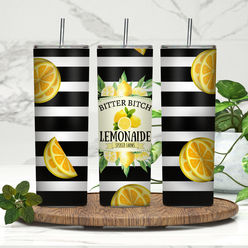 20oz tumbler with black-and-white stripes, lemon art, and 'LEMONAIDE' label