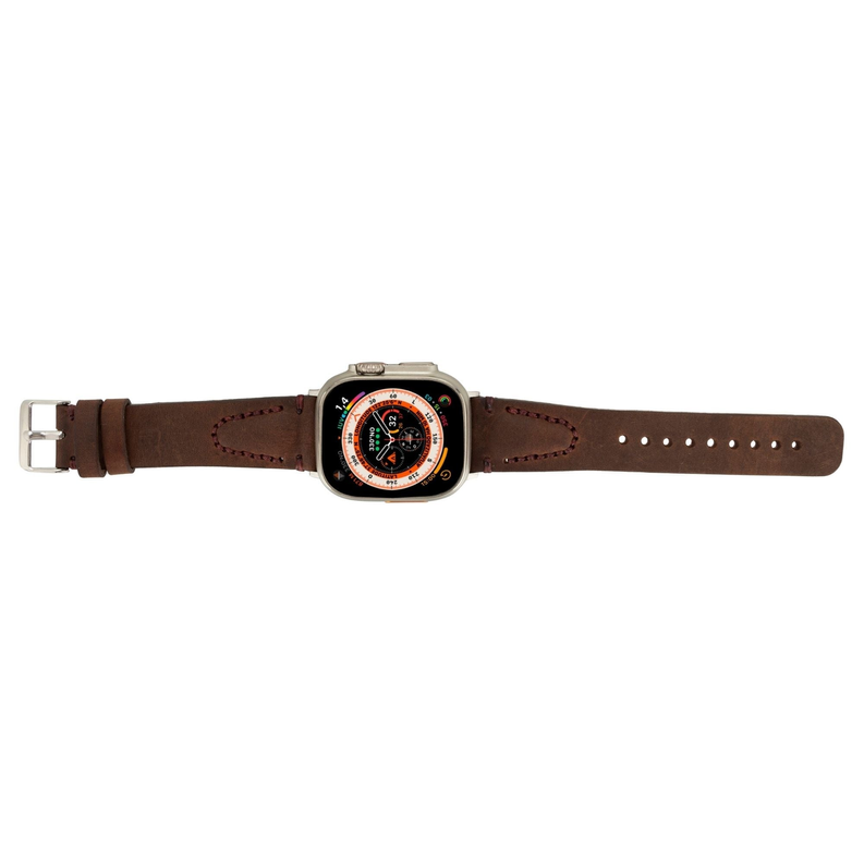 Dark brown leather Apple Watch band with metal buckle and stitched keepers