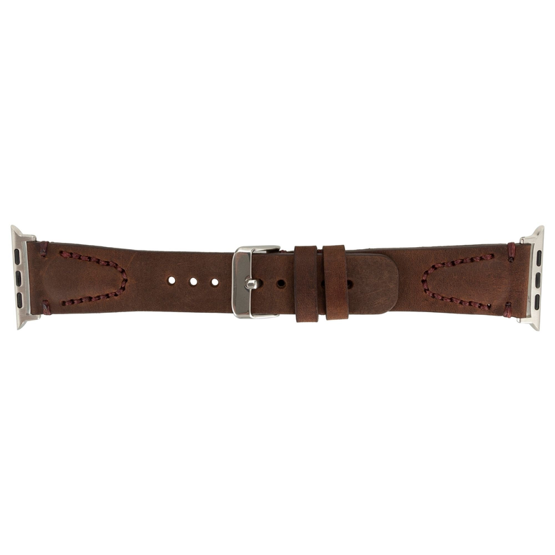 Dark brown leather Apple Watch band with silver clasp, buckle holes, and stitching