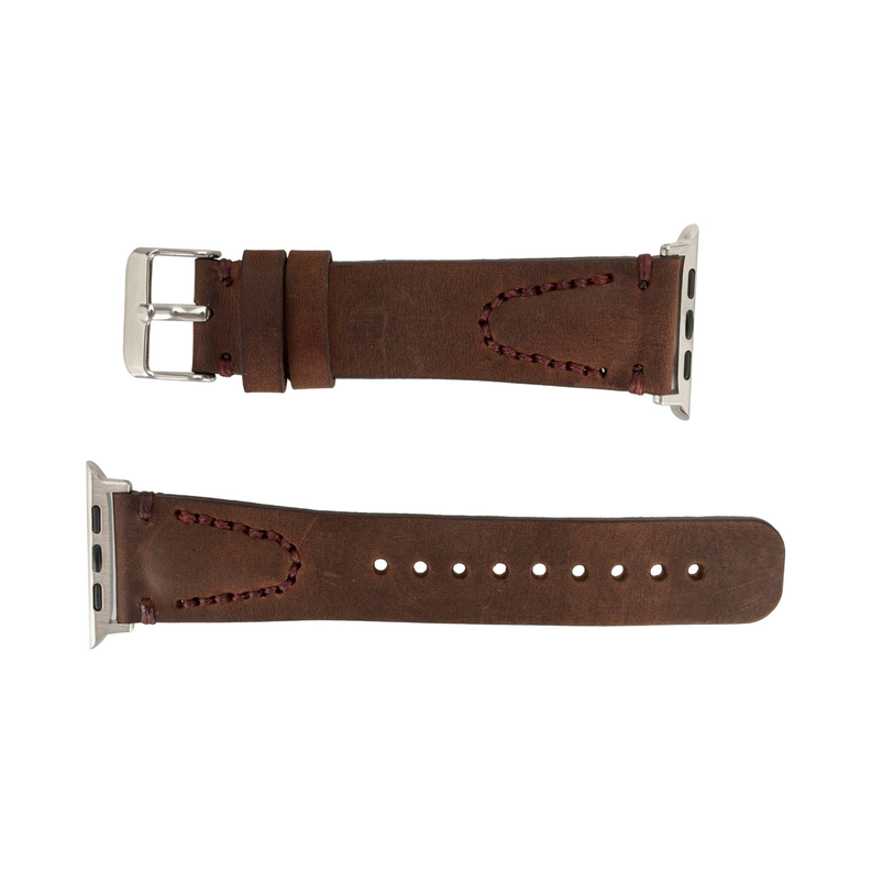 Dark brown leather Apple Watch band shown with two strap lengths and silver connectors