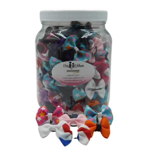 Pet ribbons hair bow assortment in clear jar, star-pattern bows in bright colors
