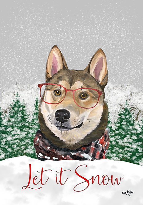 Christmas house flag with Alaskan Malamute wearing red glasses and “Let it Snow” text