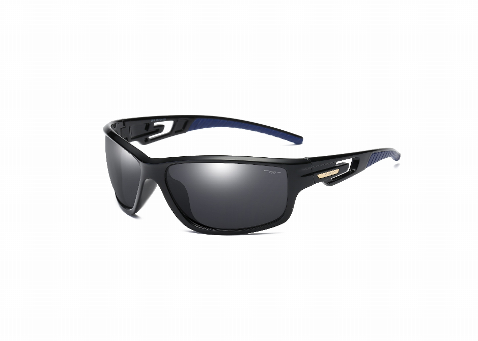 Front three-quarter view of black wraparound sunglasses with dark lenses.