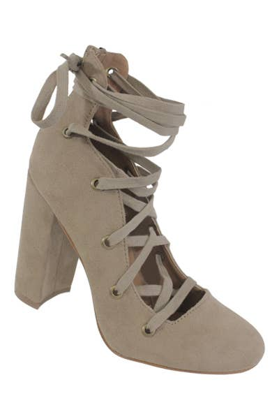close out Yoki Womens Suede High Heel closed Pumps laced - Beige / 18 /…