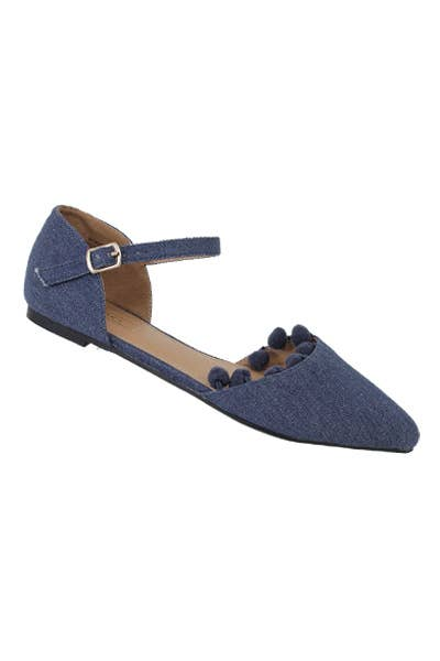 Denim ballet flats with ankle strap and buckle, pom-pom embellishments