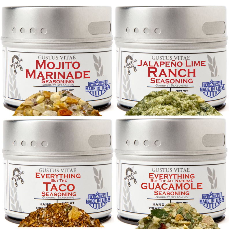 Set of 4 seasoning tins: mojito marinade, jalapeño lime, taco, and guacamole