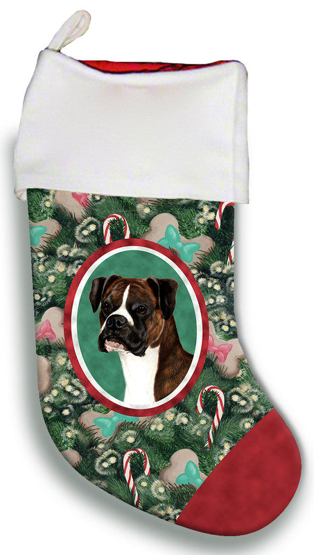 Boxer dog face Christmas stocking with white cuff, green floral pattern, red heel
