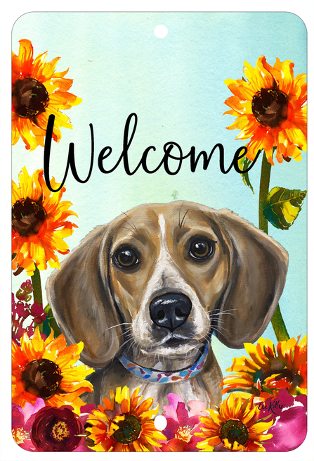 Indoor/outdoor aluminum sign with beagle face, sunflowers, and 'Welcome' text