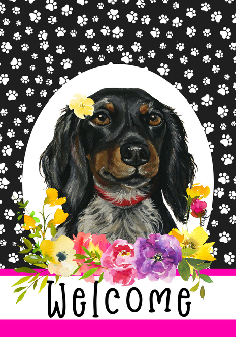 Dachshund paw-print garden flag with black and tan dog, flowers, and 'Welcome' text