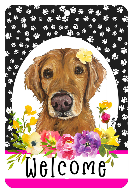 Indoor/outdoor aluminum sign with golden retriever, flowers, and welcome text