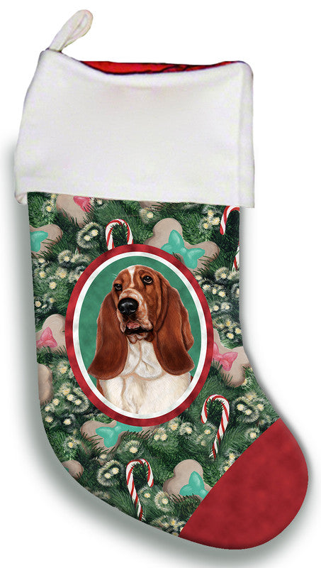 Basset hound Christmas stocking with white cuff, green holiday dog graphic, red heel