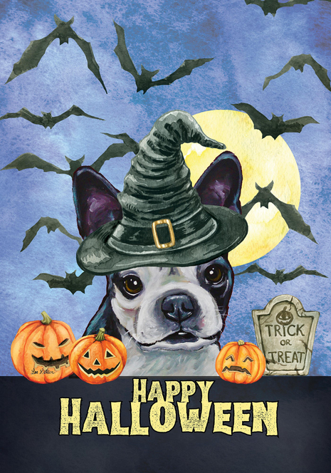 Halloween house flag with Boston Terrier in witch hat, pumpkins, and Trick or Treat tag