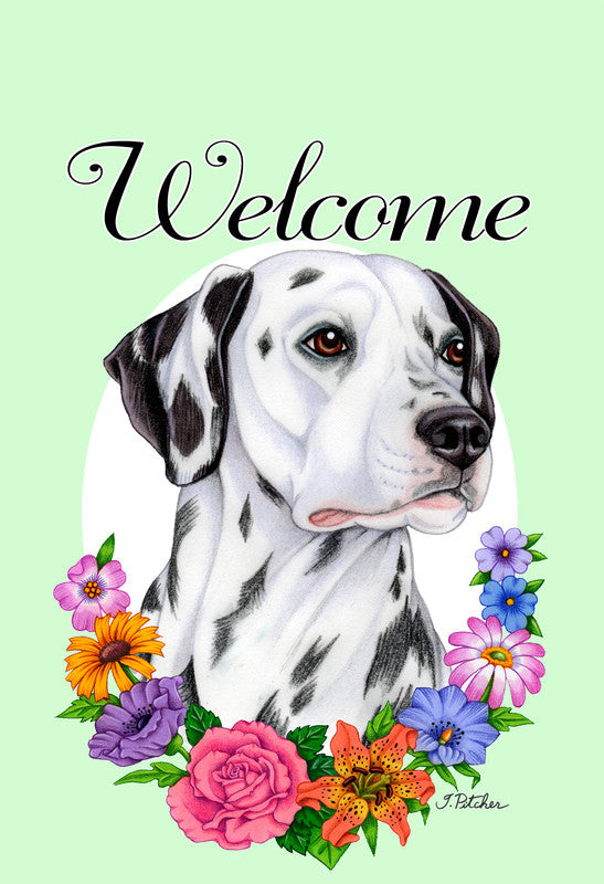 Garden flag with Dalmatian portrait and colorful welcome flowers, 'Welcome' text
