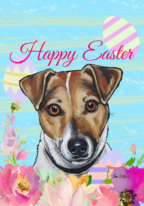 Easter house flag with Jack Russell dog and “Happy Easter” lettering
