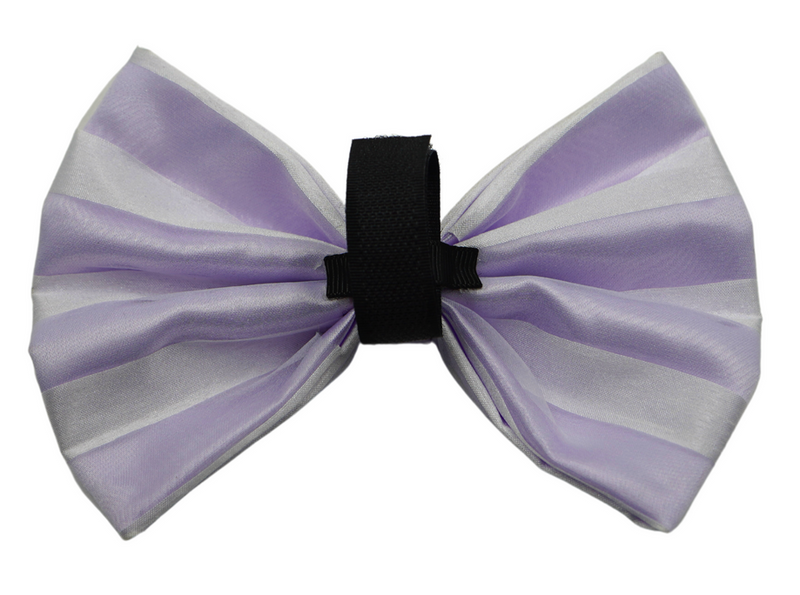 Pet ribbon bow with lavender/silver striped loops and black band tie, angled view