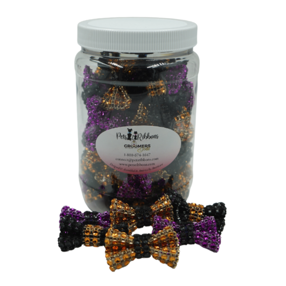 Halloween pet bow jar with purple, orange, and black glitter bows in jar