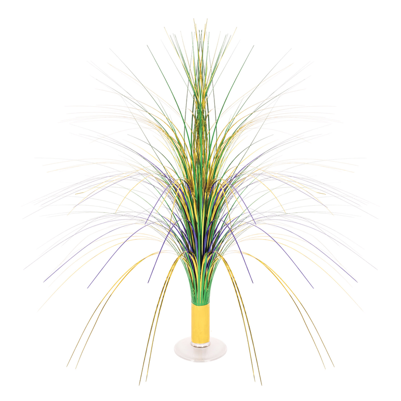 Metallic spray centerpiece with multicolor long streamers and gold cup base