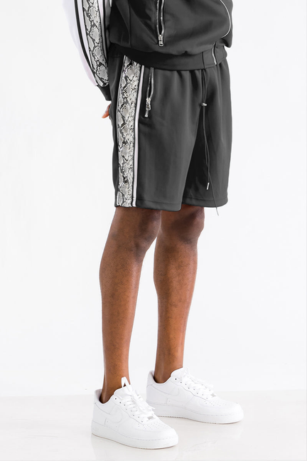 Black snake-print stripe shorts with drawstring waist and side zip pockets