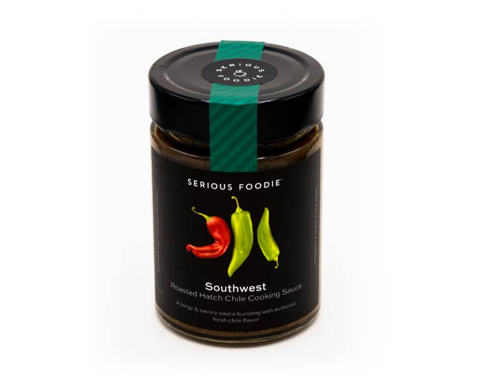 Southwest hatch chile cooking sauce jar with green ribbon and chili label