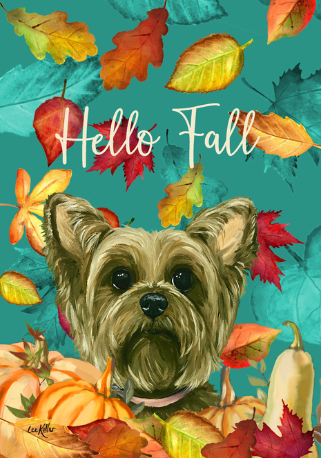 Yorkie fall house flag with Yorkie portrait and 'Hello Fall' text