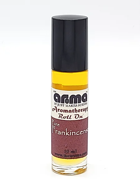 Frankincense aromatherapy roll-on oil, 10 ml, with black cap and glass roller bottle