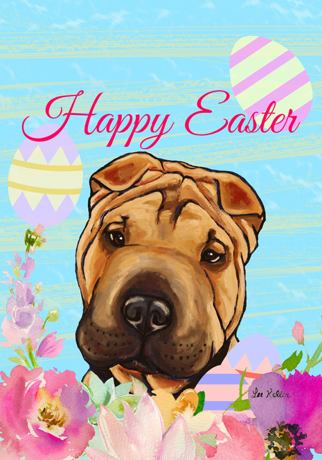 Easter garden flag with Shar Pei dog face, Happy Easter lettering, eggs and flowers