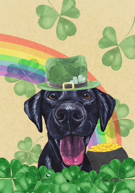 Garden flag with black Labrador wearing green hat with shamrock clovers