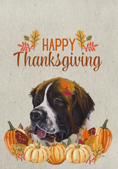 Thanksgiving dog garden flag with Saint Bernard portrait, pumpkins, and “Happy Thanksgiving” text
