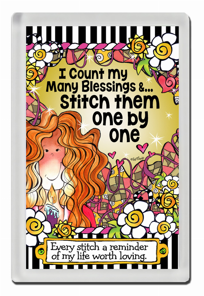Quilt-style quote magnet with colorful flowers and ribbon design, framed in black stripes