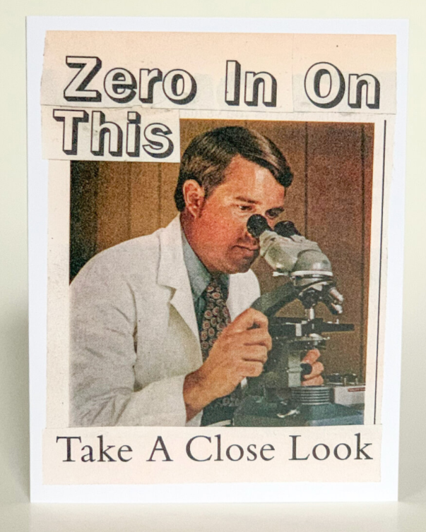 Greeting card pack of 6 with 'Zero In On This' and 'Take A Close Look' cover art.