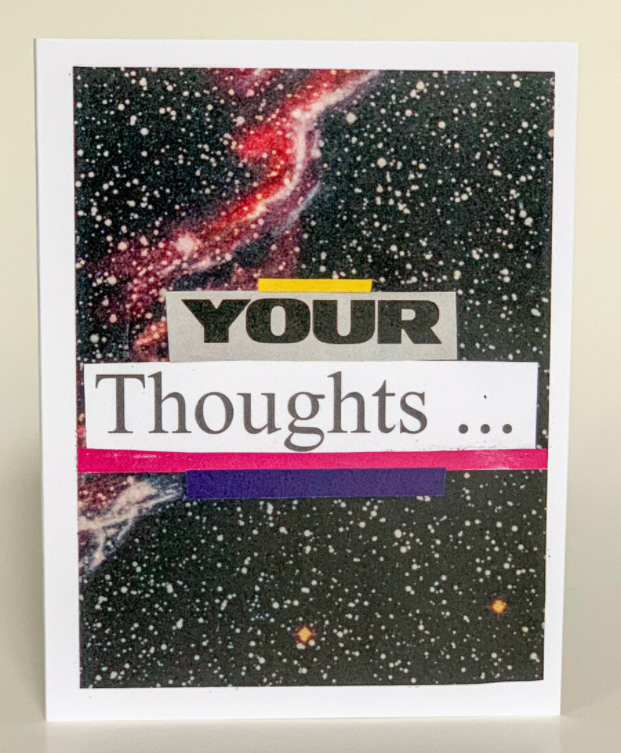 Galaxy greeting card showing 'Your Thoughts...' over a red nebula and purple stripe
