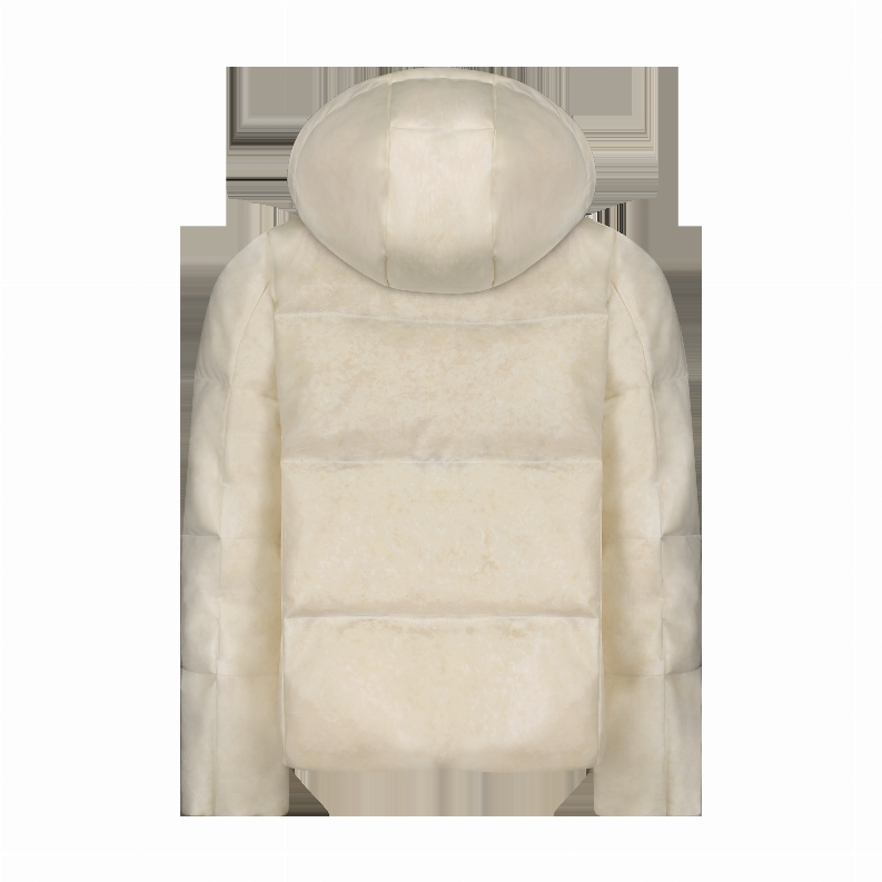 Cream hooded puffer jacket front view with padded chest and drawstring hood