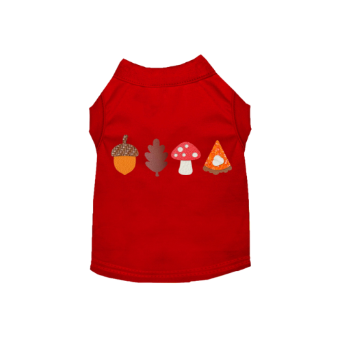 Red dog shirt with fall-themed icons: acorn, leaf, mushrooms, and pumpkin slices