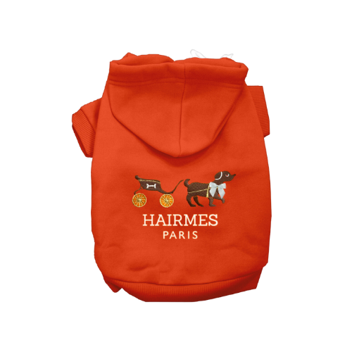 Orange dog hoodie with hood, ribbed cuffs, and HAIRMES PARIS graphic print