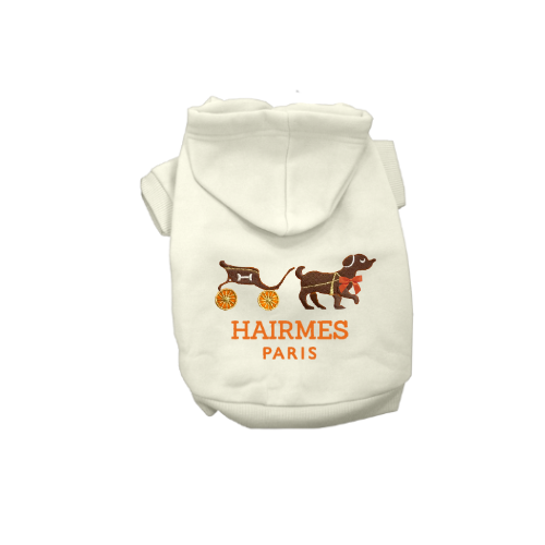 White dog hoodie with hood, ribbed cuffs, and HAIRMES PARIS graphic dog print