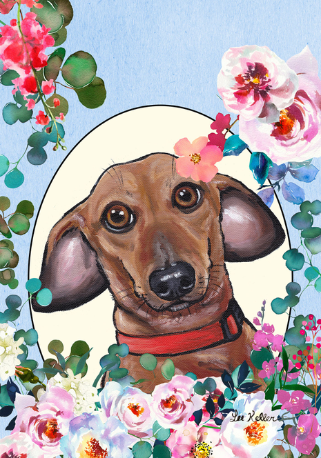 Red dachshund garden flag with floral wreath and colorful flower border